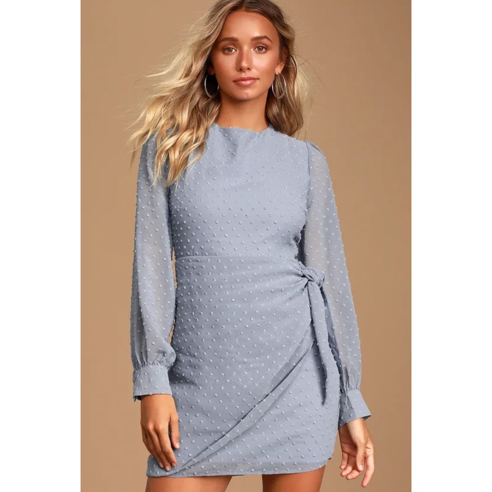 Lulu's Dusty Blue Swiss Dot Tie-Waist Mini Dress